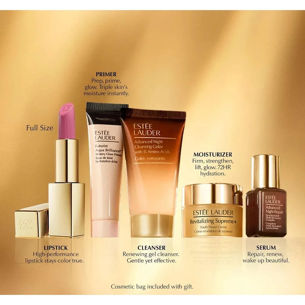 Estee Lauder 6pc Skincare Makeup Gift Set Advanced Night Repair Rose Gold Bag